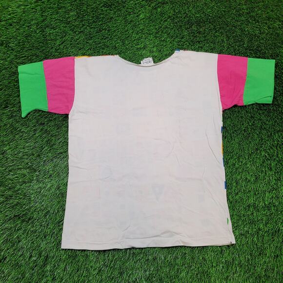 VTG 80s Oversized Boxy Top w/ Shoulder Pads Beaded Memphis AOP Womens L/XL - Picture 3 of 5